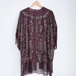 Willow Clay Burgundy Beaded Fringe Detail Sheer Jacket S